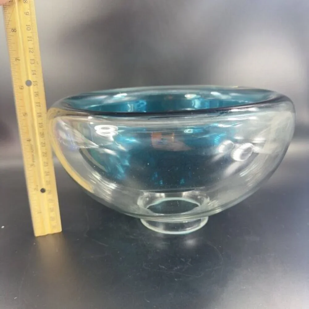 Hollow Cyan Blue Crystal‎ Vacuum Formed Double Wall Glass Bowl Dish Centerpiece